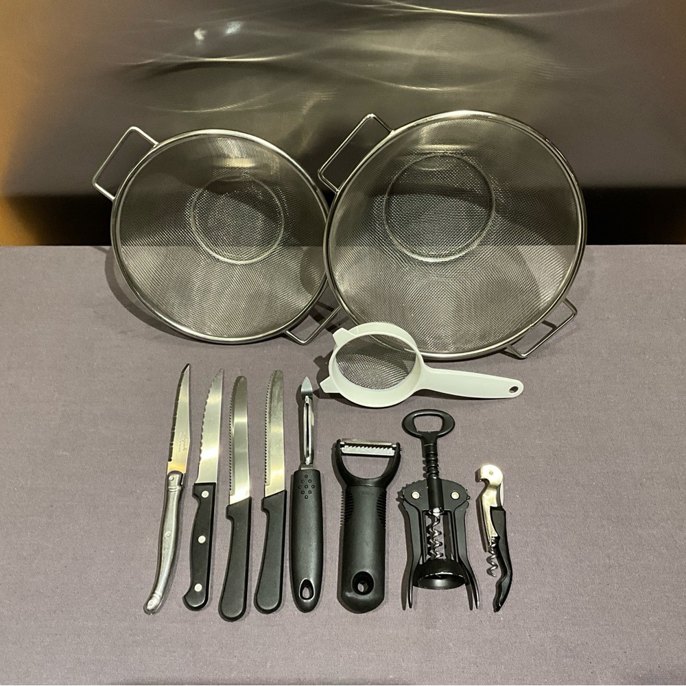 USED Set of 11 Stainless Steel Knives Peelers Mesh Strainers 4” 8” 9” Corkscrews